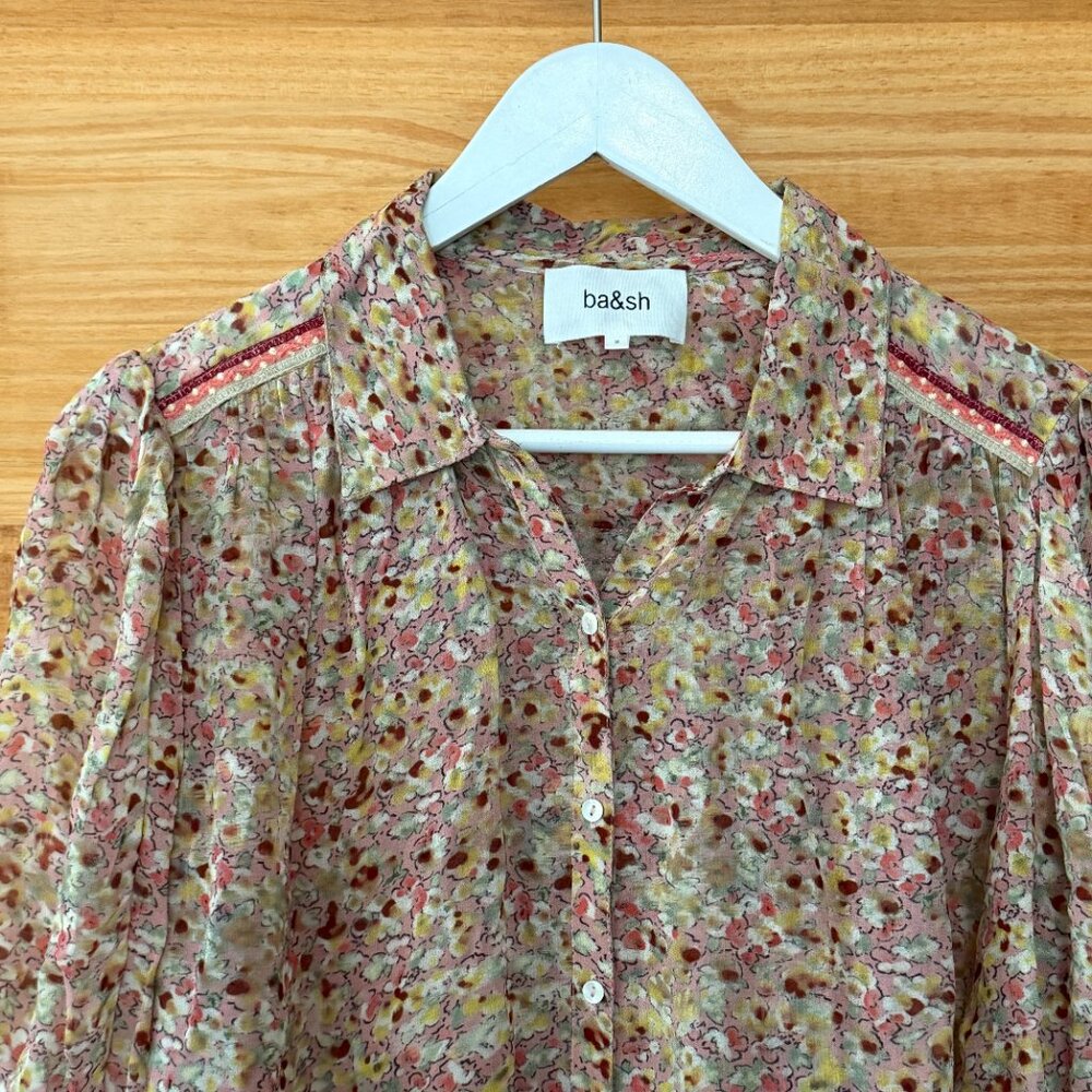 ba&sh NEW Lark Rose Floral Semi Sheer Braided Detail Button Front Blouse US 6 - Picture 6 of 11